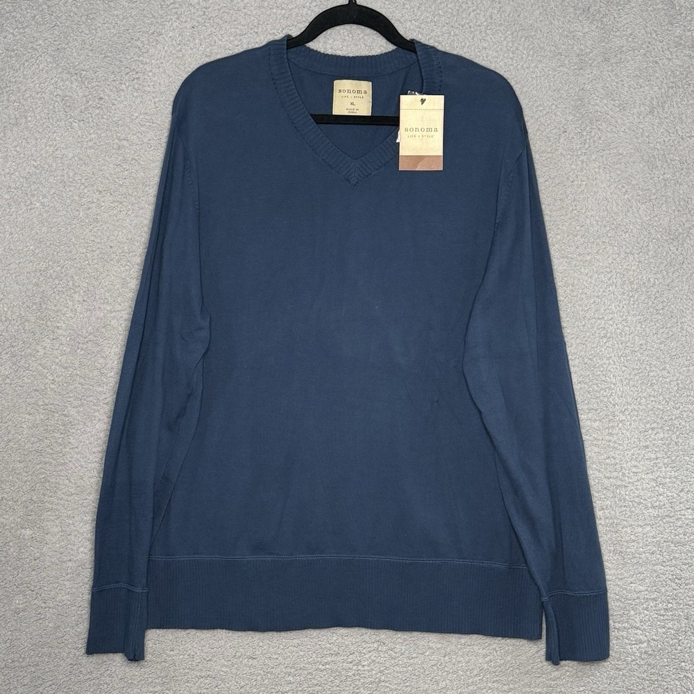 Sonoma Life+Style Sweater Womens L Blue Heather Fine Knit V-Neck Ribbed Hem NWT